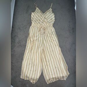 Francesca’s Yellow Stripe Sleeveless Midi Jumpsuit